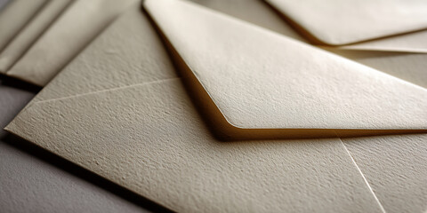 Poster - Close-up of beige textured envelopes, overlapping to create depth and a tactile feel, suggesting correspondence, communication, or sending a message