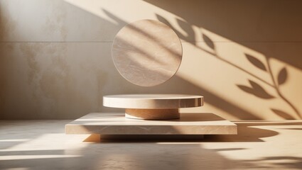 Poster - marble podium on a beige concrete wall and floor with leaf shadows