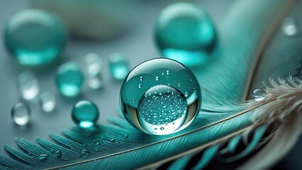 Poster - Stunning macro image symbolizing fragility and purity of nature through perfect round water droplets on a feather.