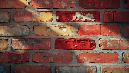 Poster - Classic brick wall, ideal design for multiple applications. Background texture. Weathered urban backdrop. Cracked surface texture. Red brick wall. Soiled old surface.