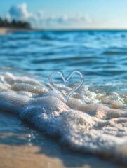 Fototapete - Ocean waves create heartbeat line symbolizing life and connection with water at sunset