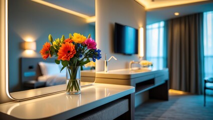 Poster - contemporary hotel room interior features with a vase of flowers and mirror on the table