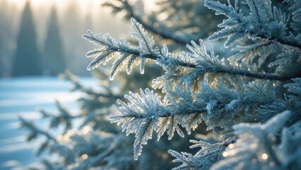 Aufkleber - Frost clings to evergreen branches, shimmering in the gentle sunlight. The air is fresh, emphasizing the charm of the foliage.