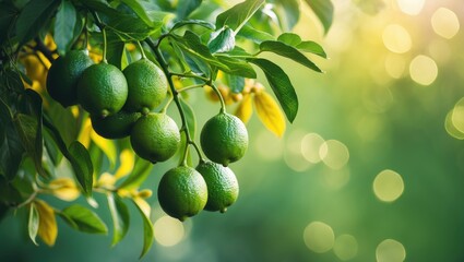 Poster - In the garden, lime trees serve as an excellent source of vitamin C. Green organic limes are hanging on the tree.