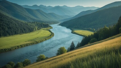 Poster - Aerial View of Lake Bound by Lush Forest and Mountain Ranges, Viewed from Roadway in the Region on a Clear Summer Day