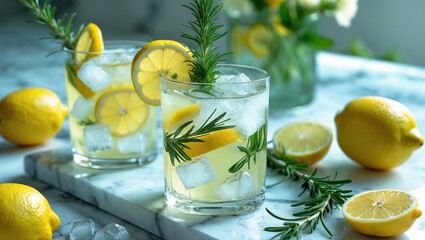 Poster - Lemon-infused drink with rosemary and ice. Refreshing detox cocktail/mocktail featuring homegrown herbs.