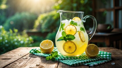 Aufkleber - Table display of lemonade pitcher containing lemon, mint, and ice. Area available for text