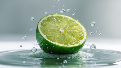 Poster - Lime with bubbles in water set against a plain background