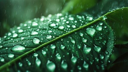 Poster - Macro shot of green leaf texture adorned with raindrops on fresh greenery.