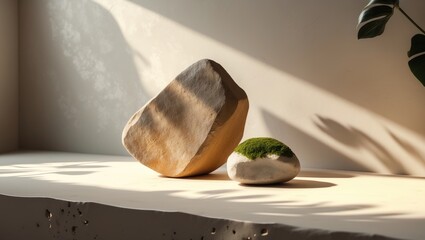 Aufkleber - Opulent Natural Raw Stone Base with Plant Silhouette on Gray Wall for Merchandise Display.