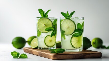 Poster - Lemonade Featuring Lime Slices and Mint on Isolated White Background