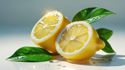 Poster - Lemon featuring green leaf against background.