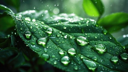 Poster - Detailed view of green leaves texture with raindrops on a fresh green leaf.