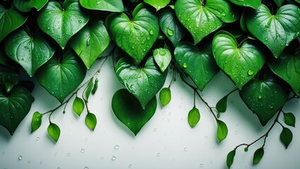 Poster - Linden green leaves with water droplets against a plain background