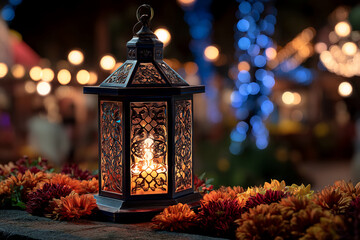 Poster - Ornate lantern with warm light sits among autumnal flowers, against a bokeh background of lights, creating a cozy and inviting ambiance