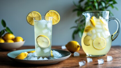 Aufkleber - Wooden kitchen bench featuring a pitcher of ice-cold lemonade and a glass, complemented by fruit and crushed ice.