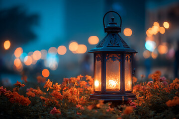 Poster - Glowing lantern amidst orange flowers, soft twilight bokeh background.  Scene evokes warmth, tranquility, and peaceful ambiance.