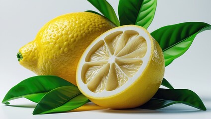 Aufkleber - Lemon with a slice and green leaves set against a background. Clipping path.