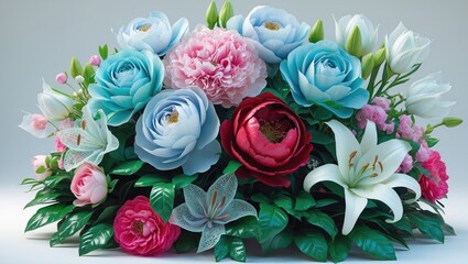 Poster - Isolated background featuring lilies and roses with leaves. Stunning bouquet. Innovative concept of spring flowers.