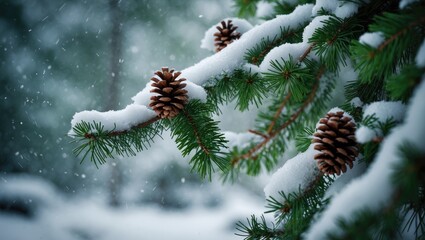 Poster - A detailed look at evergreen branches blanketed in fresh snow, featuring partially visible pine cones within the greenery.