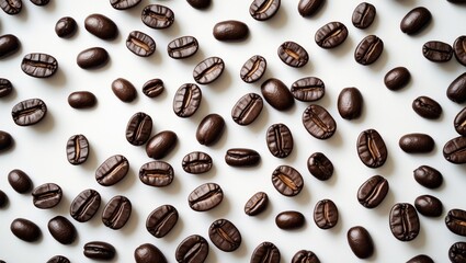Poster - Numerous roasted coffee beans on a white background, overhead view
