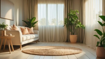 Poster - Interior of a living room featuring a cozy sofa and a chic round rug