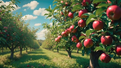 Poster - Vibrant red apples on trees ready for harvest. Orchard filled with red apples.