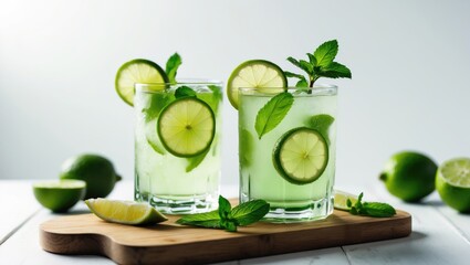 Aufkleber - Isolated Lemonade with Lime Slices and Mint Against a White Background