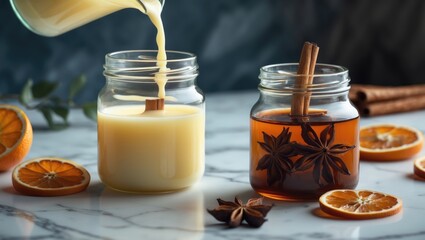 Poster - Soy candle wax in liquid form is poured into a glass jar. An eco-friendly decorative item. Close-up shot
