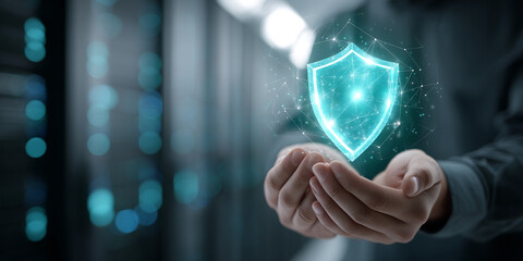 Leinwandbilder - Two hands gently hold a glowing digital shield, symbolizing protection, security, and safety in the digital world.  Concept represents cybersecurity, data protection, or digital wellbeing