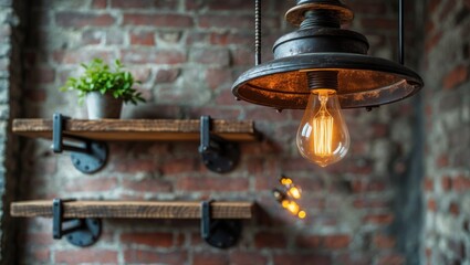 Poster - Chandelier in a Loft Against a Wall with Shelves