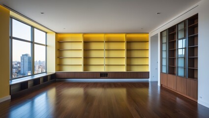 Poster - Living area of a home with a wall lined by a bookcase, a glass cabinet featuring glass doors, and wooden base cabinetry