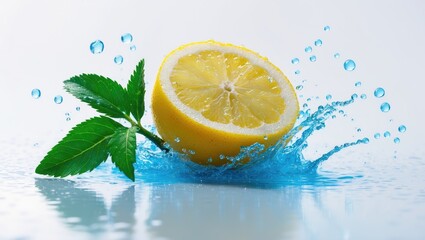 Poster - Splashing water with lemon and sliced lemon in the background