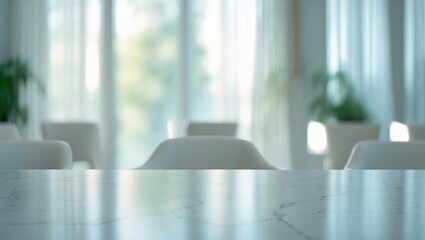 Poster - Blank white marble tabletop and indistinct glass window in cafe and restaurant banner mockup - ideal for showcasing products.