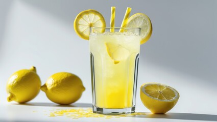 Aufkleber - Glass of lemon juice with fresh lemons. Isolated on a background