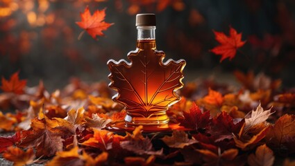 panorama background showcasing a leaf-shaped bottle of maple syrup as a souvenir gift.