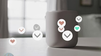 Aufkleber - Floating social media feedback icons dynamically circling sleek smart speaker, visualizing digital user engagement and interactive communication in contemporary home technology setting