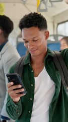 Poster - Smile, man and student with phone on bus for travel location, public transport and social media. Male passenger, mobile and morning commute for metro service, university trip and message notification