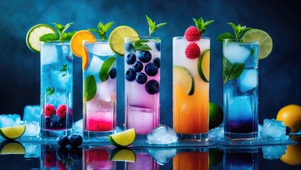 Poster - Chilled summer cocktail beverages. Traditional alcoholic long drinks and mocktails in highballs featuring blueberries, blackberries, raspberries, lime, herbs, and ice against a blue backdrop