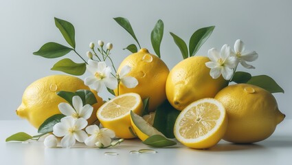 Poster - Lemon featuring water droplets, slices, and flower assortment isolated on background. Clipping path.