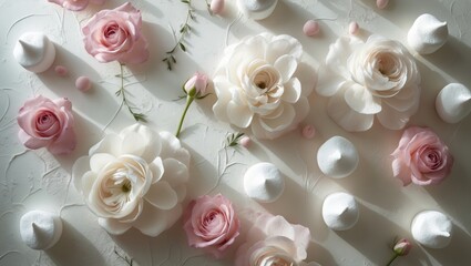 Poster - Floral wallpaper for spring featuring pink rose flowers and marshmallows on a backdrop. Composition of flowers. Flat lay, top view, with empty space.
