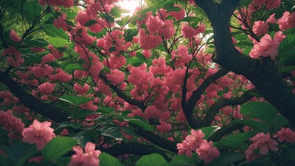 Aufkleber - Lush foliage with pink blooms illuminated by sunlight, celebrating the splendor of nature.