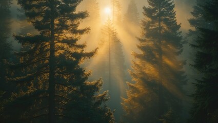 Poster - Captivating dawn scene in a foggy forest with a blurred backdrop, highlighting enchanting light rays filtering through the mist.
