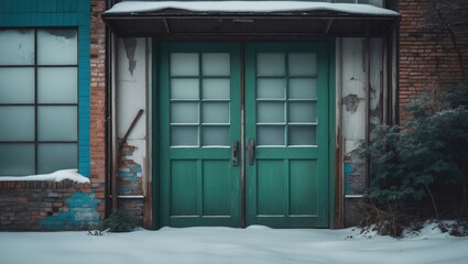 Fototapete - Photo depicting frosted glass doors, lightly blanketed in snow, belonging to a brick and metal industrial structure, accompanied by vegetation on the right and an overcast winter sky.