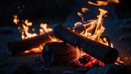 Poster - Logs blaze intensely in a campfire, creating a welcoming light and heat on a tranquil night.