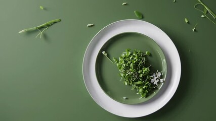 Aufkleber - Fresh microgreens are rotating on a green plate placed on a white plate, on a seamless green background, with some small pieces falling around