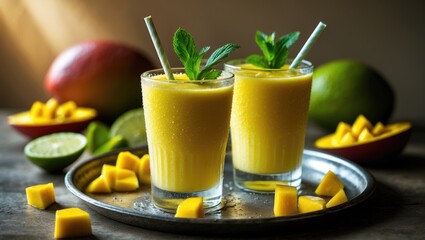 Aufkleber - Glass of mango smoothie featuring fresh mango in the background. Cool mango shake drink.