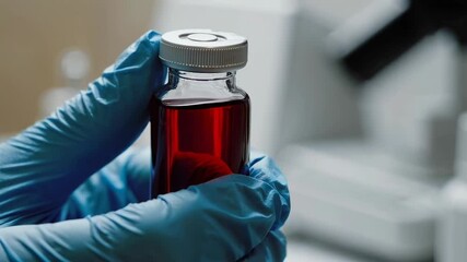 Poster - Laboratory technician holds a small vial containing red liquid, possibly blood or other biological sample, for examination or testing in a scientific setting