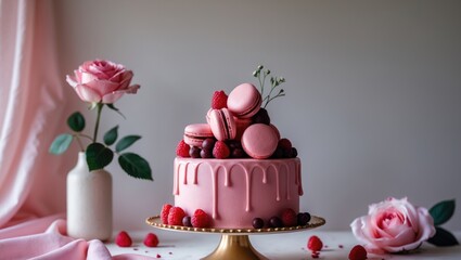 Poster - Heightened pink dessert adorned with macaroons, raspberries, and chocolate spheres on a cake stand against a backdrop of flowers and berries. Lateral perspective, blank space.