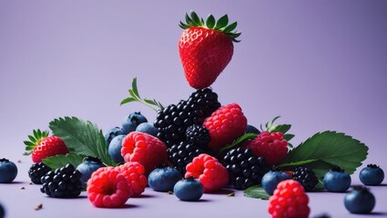 Aufkleber - Diverse fresh berries dropping against a light background